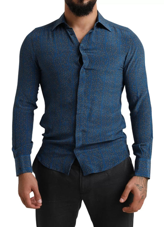 Dolce &amp; Gabbana Blue MARTINI Silk Slim Fit Long Sleeves Shirt