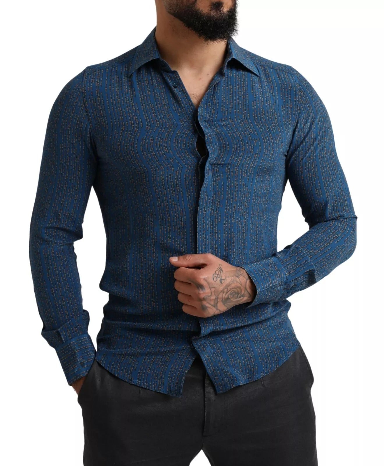 Dolce &amp; Gabbana Blue MARTINI Silk Slim Fit Long Sleeves Shirt