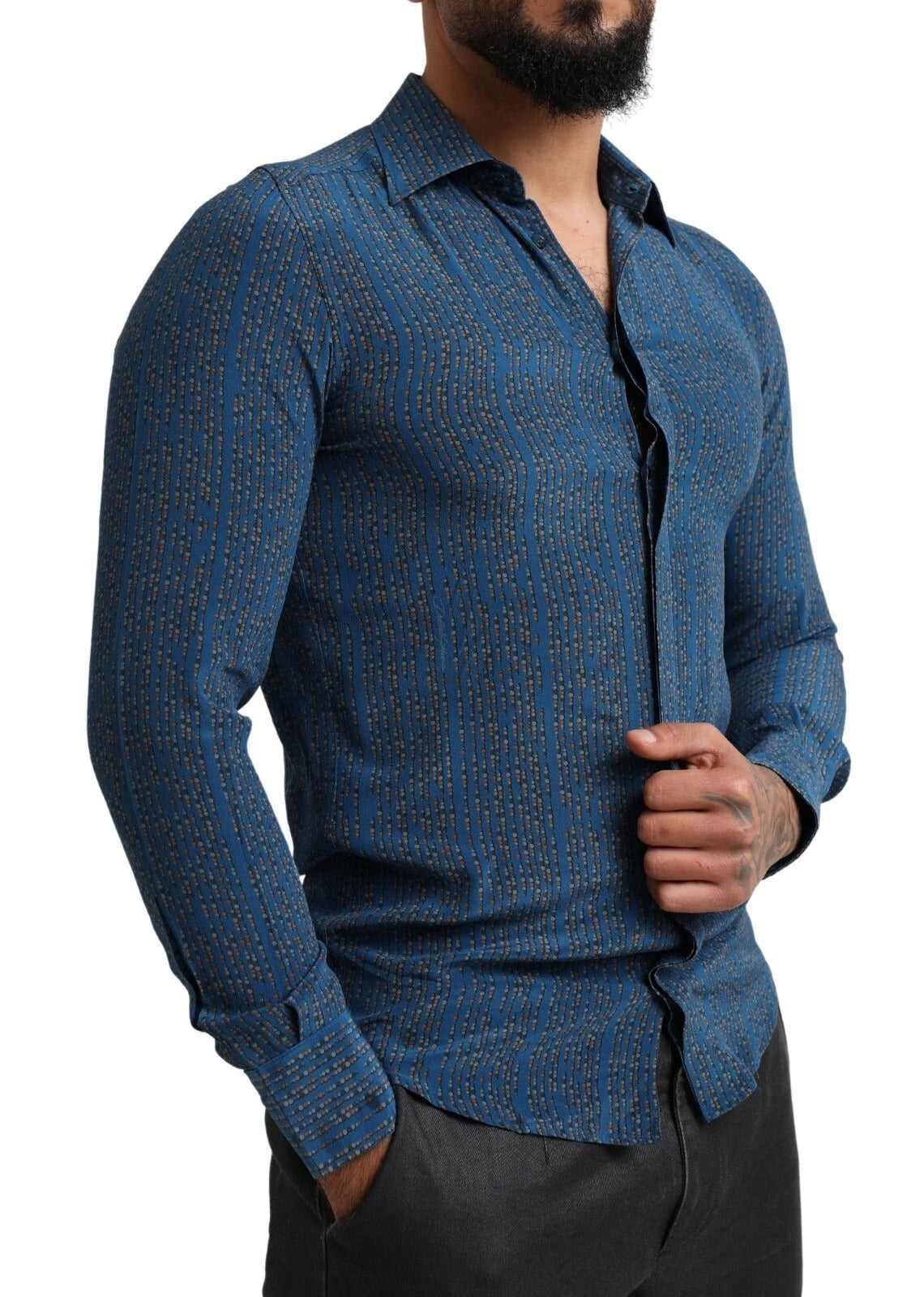 Dolce &amp; Gabbana Blue MARTINI Silk Slim Fit Long Sleeves Shirt
