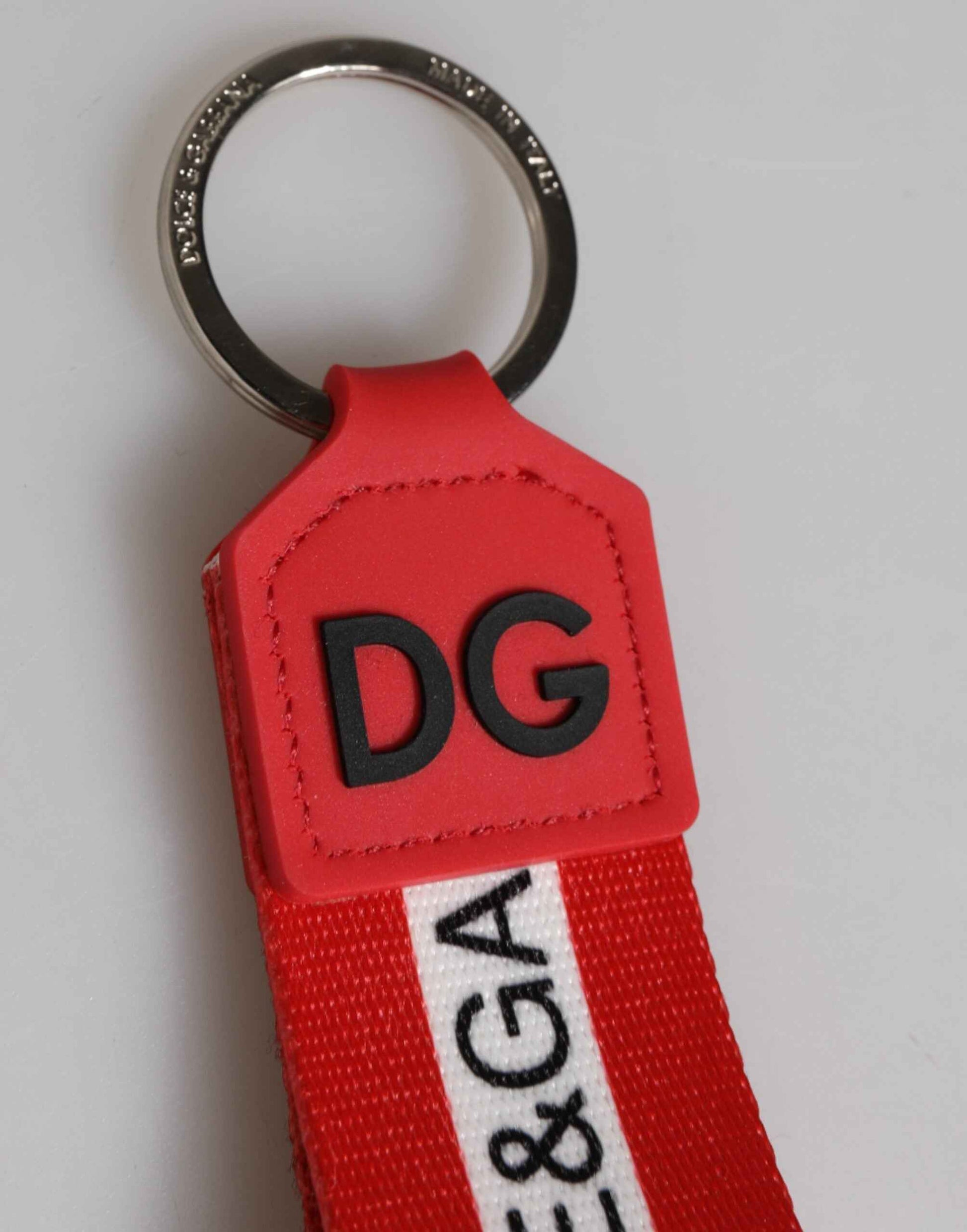 Dolce & Gabbana Red Logo Polyester Silver Brass Holder Keychain Men Keyring by Dolce & Gabbana