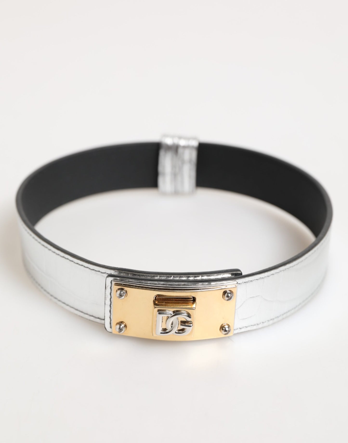 Dolce & Gabbana Silver Textured Leather Gold Tone Metal Neckband - from Dolce & Gabbana