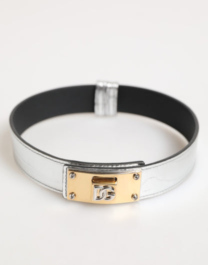 Dolce & Gabbana Silver Textured Leather Gold Tone Metal Neckband - from Dolce & Gabbana