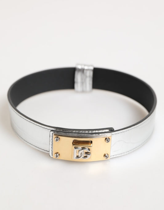 Dolce & Gabbana Silver Textured Leather Gold Tone Metal Neckband - from Dolce & Gabbana