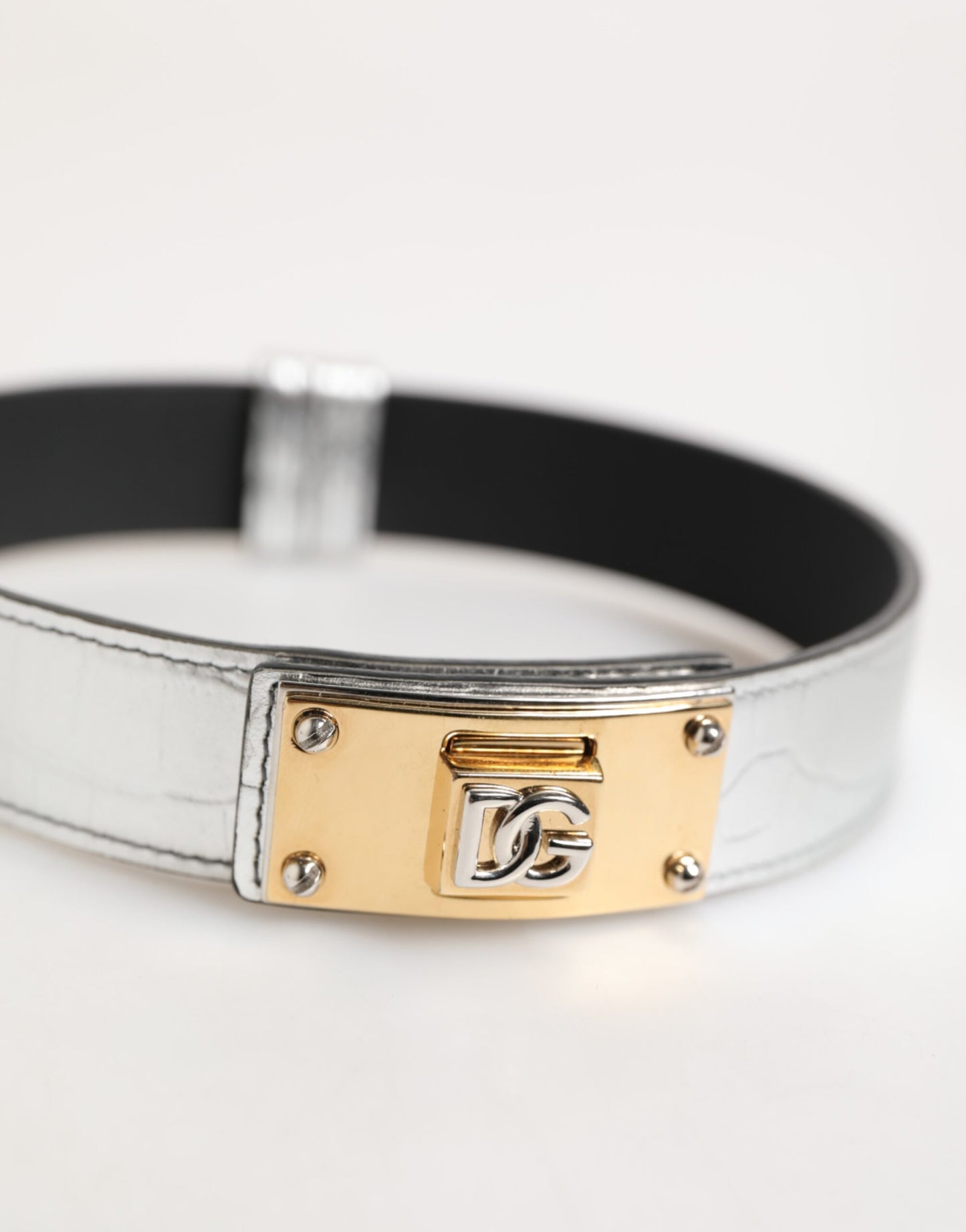 Dolce & Gabbana Silver Textured Leather Gold Tone Metal Neckband - from Dolce & Gabbana