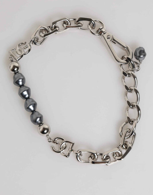 Dolce & Gabbana Silver Tone Chain Lobster Clasp Logo Gray Pearls Bracelet by Dolce & Gabbana