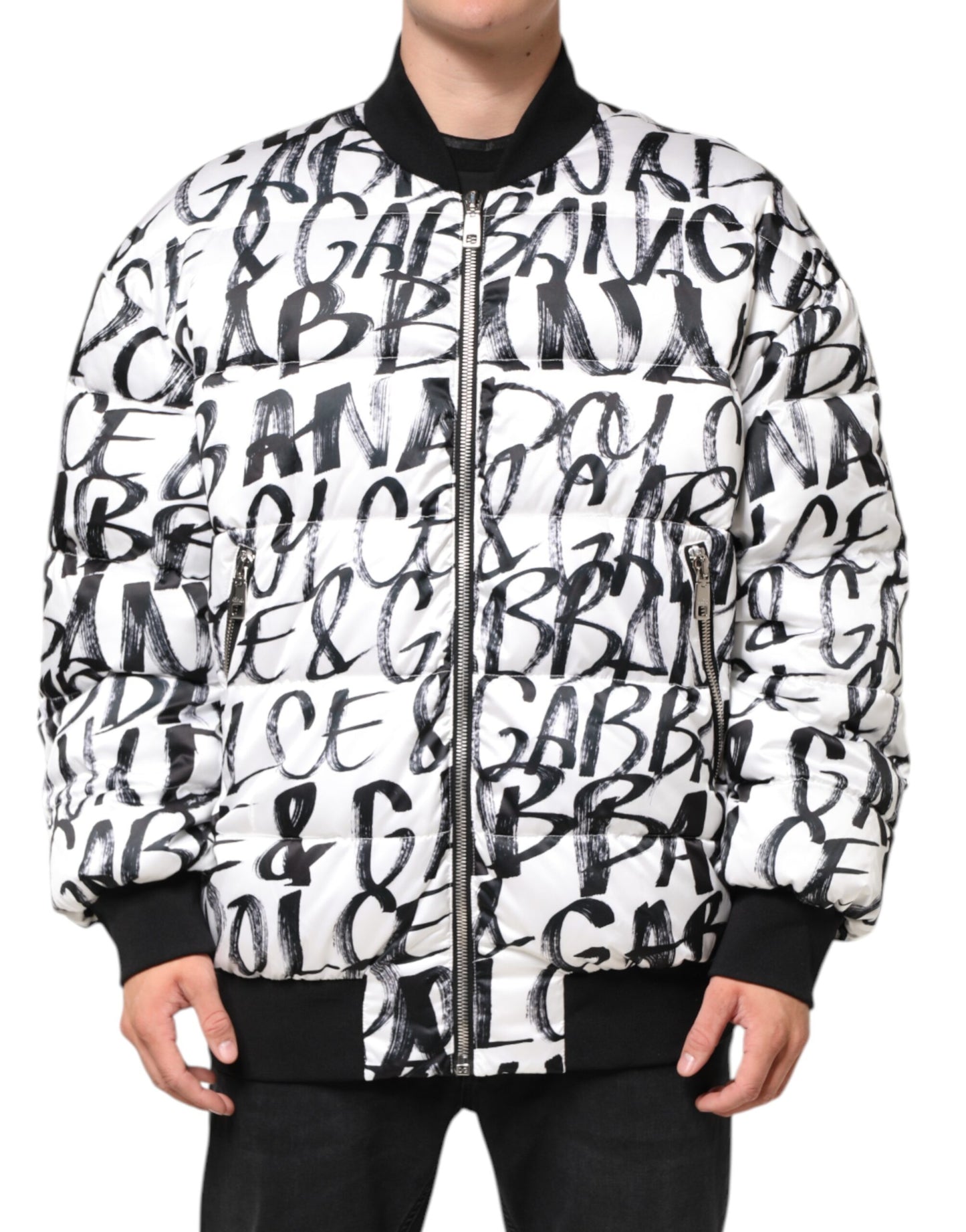 Dolce & Gabbana White Black Graffiti Logo Puffer Bomber Jacket - from Dolce & Gabbana