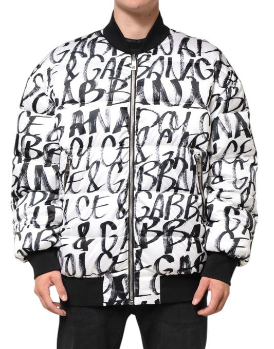 Dolce & Gabbana White Black Graffiti Logo Puffer Bomber Jacket - from Dolce & Gabbana