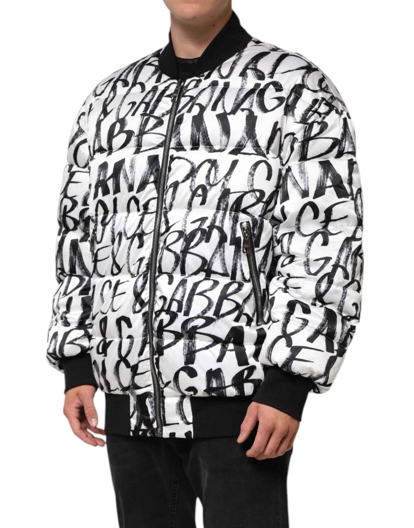 Dolce & Gabbana White Black Graffiti Logo Puffer Bomber Jacket by Dolce & Gabbana