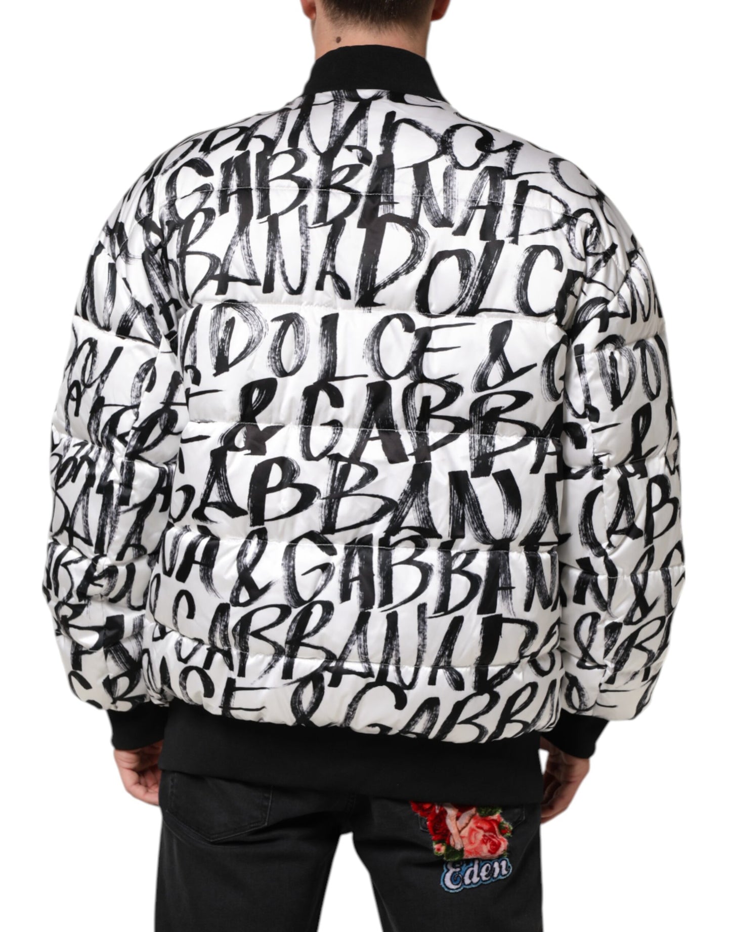 Dolce & Gabbana White Black Graffiti Logo Puffer Bomber Jacket - from Dolce & Gabbana