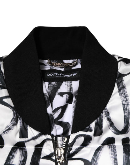 Dolce & Gabbana White Black Graffiti Logo Puffer Bomber Jacket - from Dolce & Gabbana