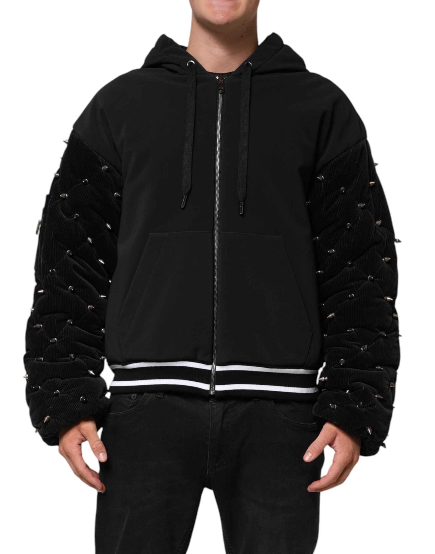 Dolce & Gabbana Black Cotton Quilted Studded Sleeve Hoodie Jacket by Dolce & Gabbana