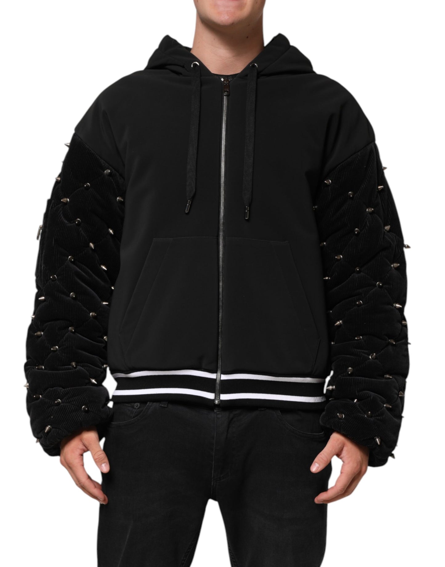 Dolce & Gabbana Black Cotton Quilted Studded Sleeve Hoodie Jacket - from Dolce & Gabbana