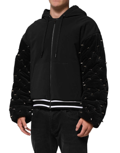 Dolce & Gabbana Black Cotton Quilted Studded Sleeve Hoodie Jacket by Dolce & Gabbana