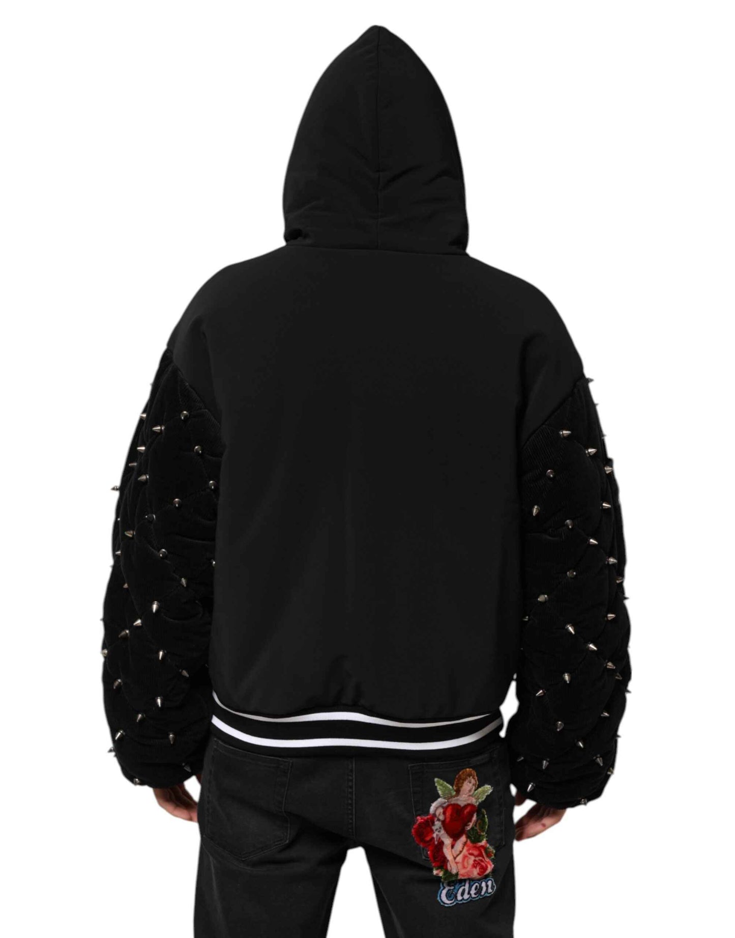 Dolce & Gabbana Black Cotton Quilted Studded Sleeve Hoodie Jacket by Dolce & Gabbana