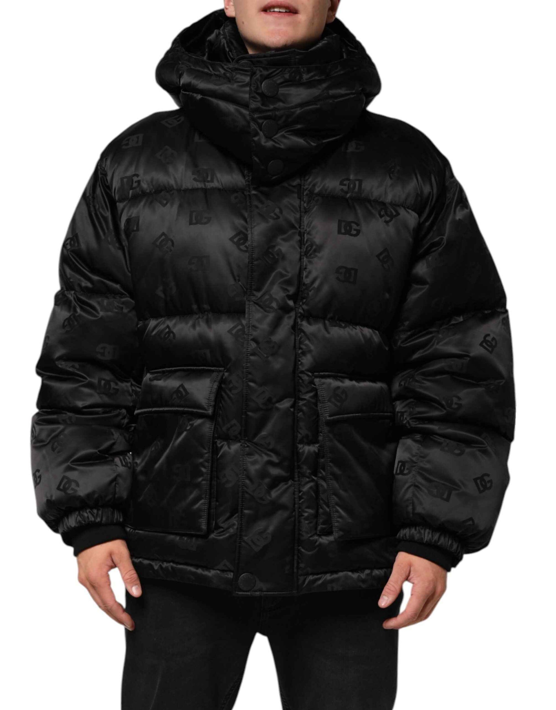 Dolce & Gabbana Black Monogram Logo Puffer Nylon Hooded Jacket by Dolce & Gabbana