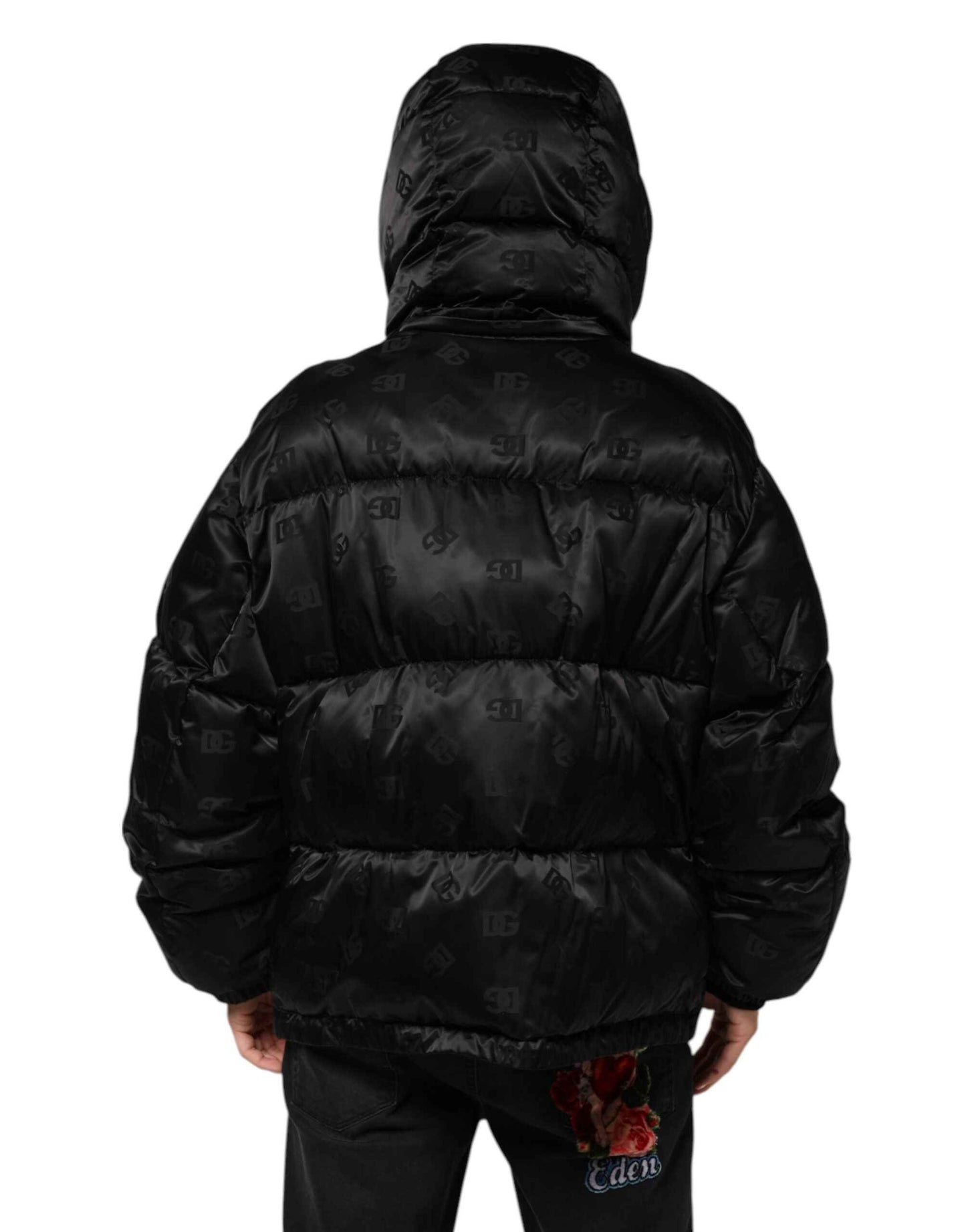 Dolce & Gabbana Black Monogram Logo Puffer Nylon Hooded Jacket by Dolce & Gabbana