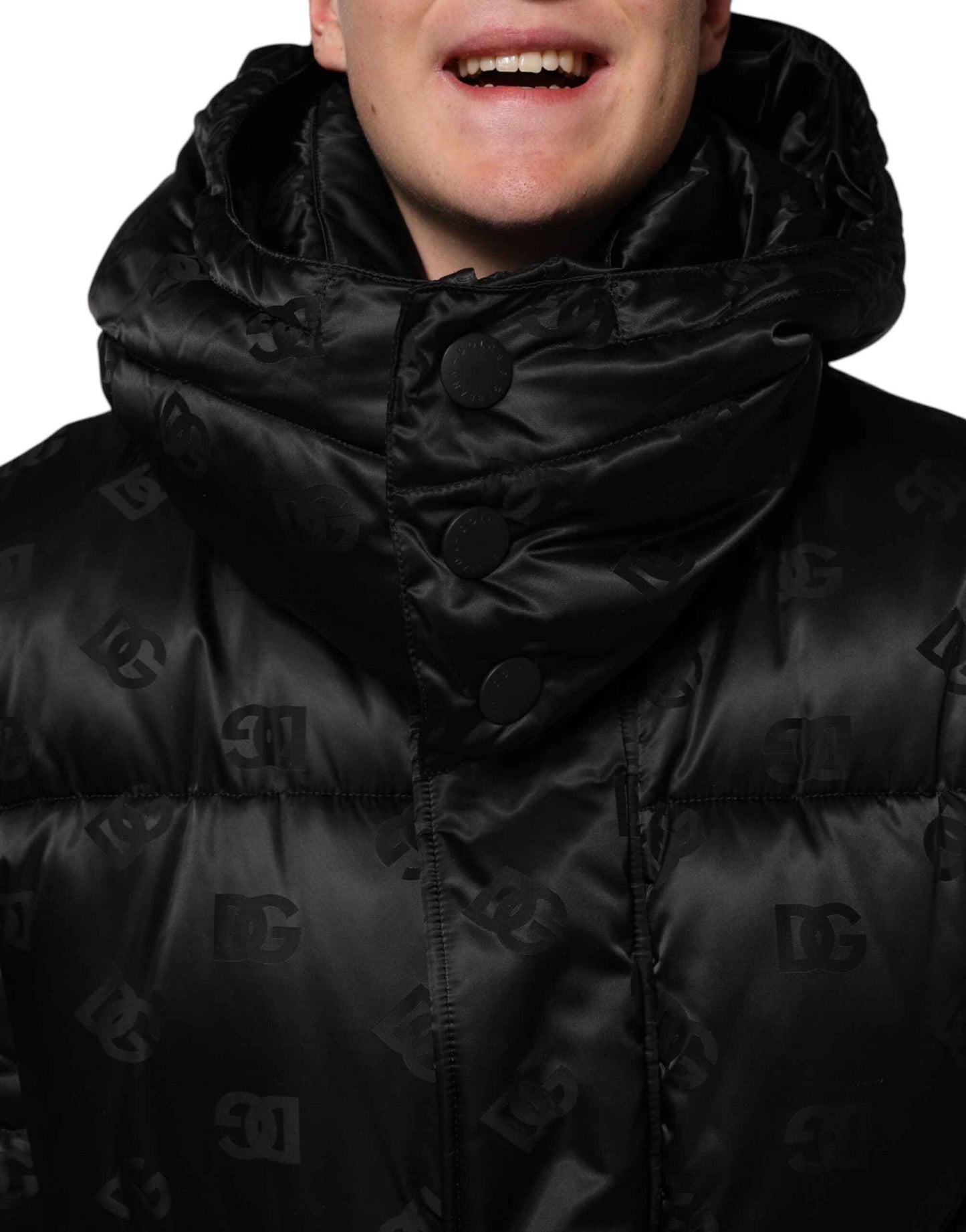 Dolce & Gabbana Black Monogram Logo Puffer Nylon Hooded Jacket by Dolce & Gabbana