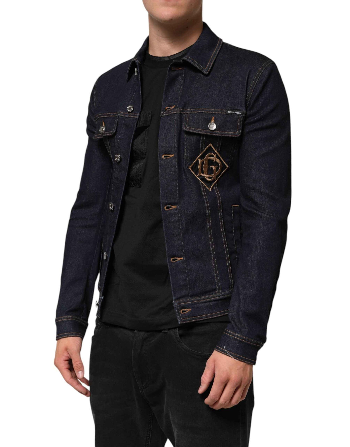 Dolce & Gabbana Indigo Blue Denim Slim Fit Logo Patch Jacket by Dolce & Gabbana