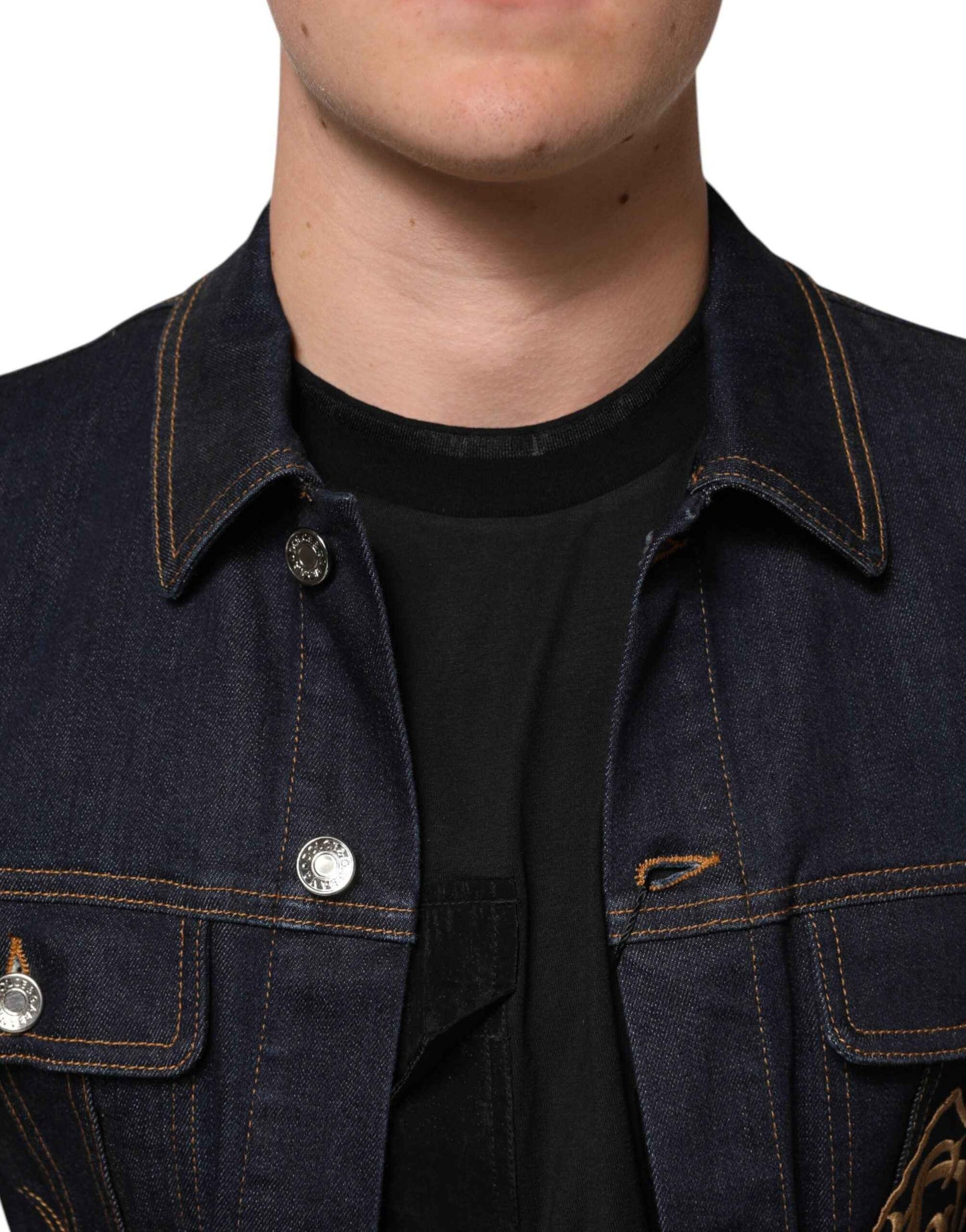 Dolce & Gabbana Indigo Blue Denim Slim Fit Logo Patch Jacket by Dolce & Gabbana