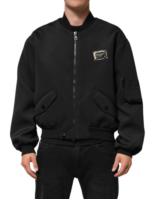 Dolce & Gabbana Black Polyester Logo Plaque Bomber Jacket by Dolce & Gabbana