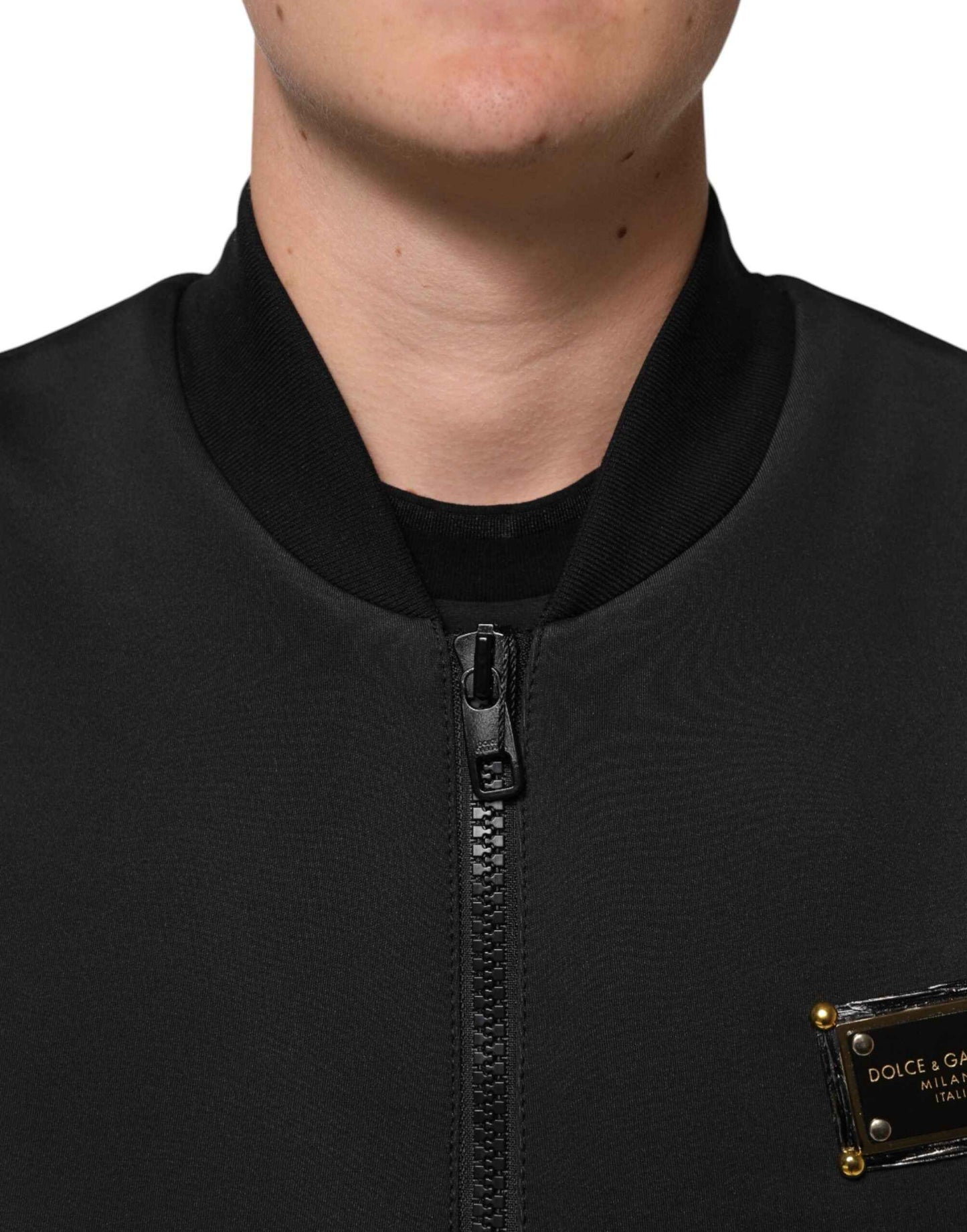 Dolce & Gabbana Black Polyester Logo Plaque Bomber Jacket by Dolce & Gabbana