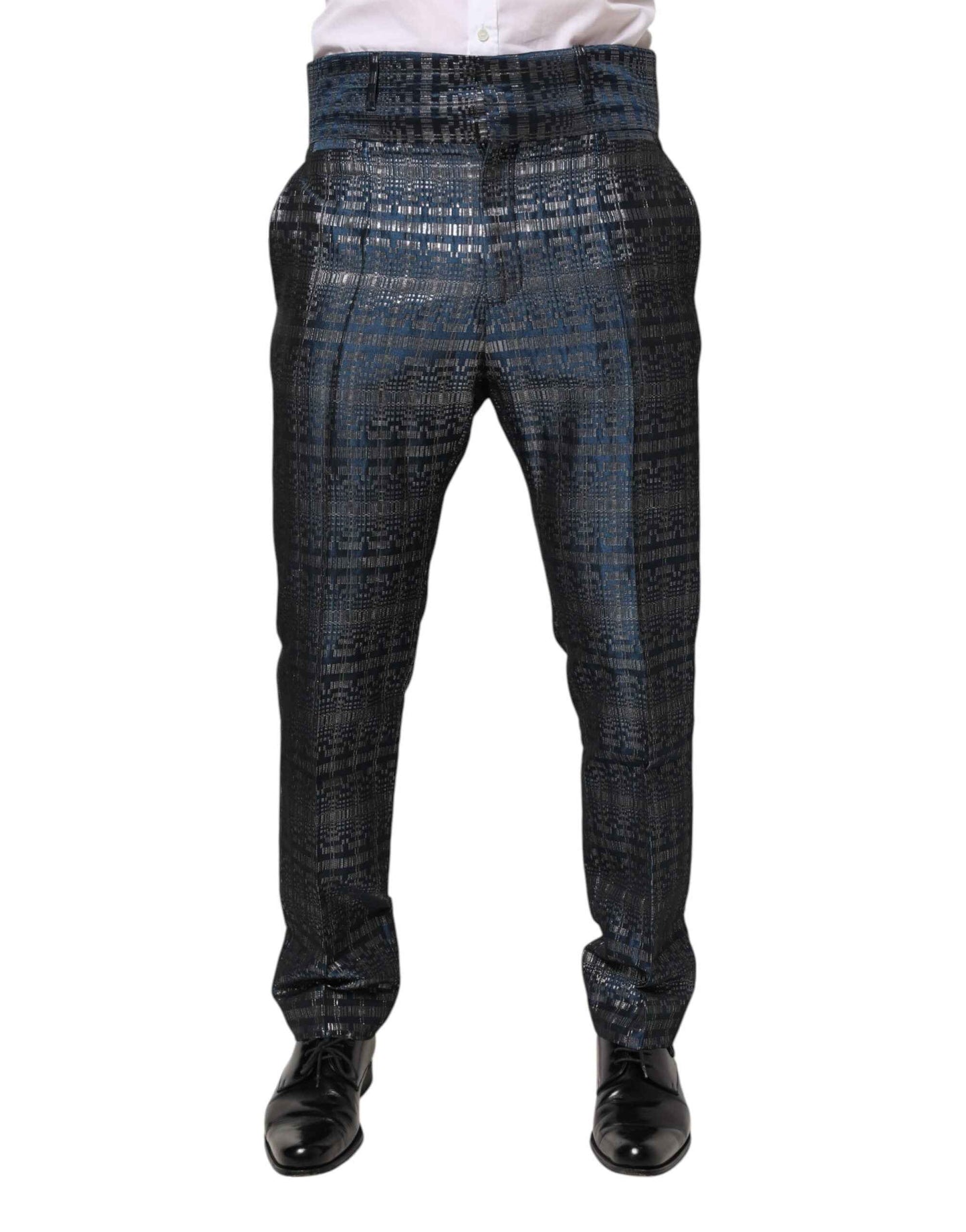 Dolce & Gabbana Blue Silver Shiny Silk Skinny Men Trouser Pants by Dolce & Gabbana