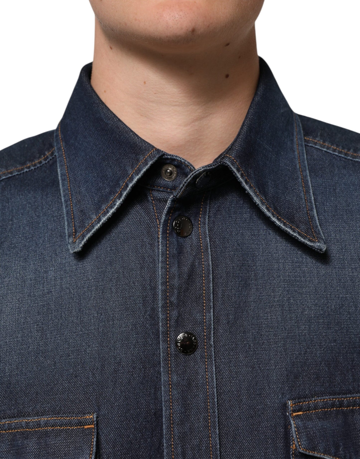 Dolce & Gabbana Blue Denim Button Casual Logo Patch Men Shirt - from Dolce & Gabbana