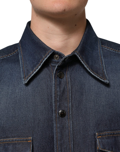 Dolce & Gabbana Blue Denim Button Casual Logo Patch Men Shirt - from Dolce & Gabbana