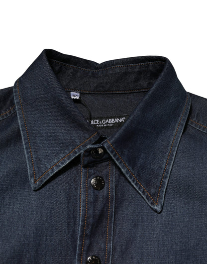 Dolce & Gabbana Blue Denim Button Casual Logo Patch Men Shirt - from Dolce & Gabbana