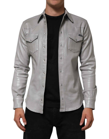 Dolce & Gabbana Gray Coated Cotton Snap Button Logo Men Shirt by Dolce & Gabbana