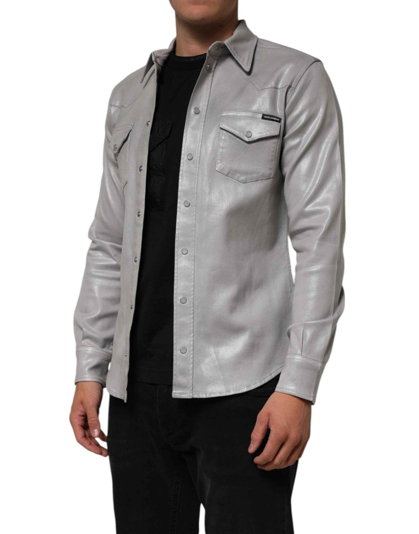 Dolce & Gabbana Gray Coated Cotton Snap Button Logo Men Shirt by Dolce & Gabbana