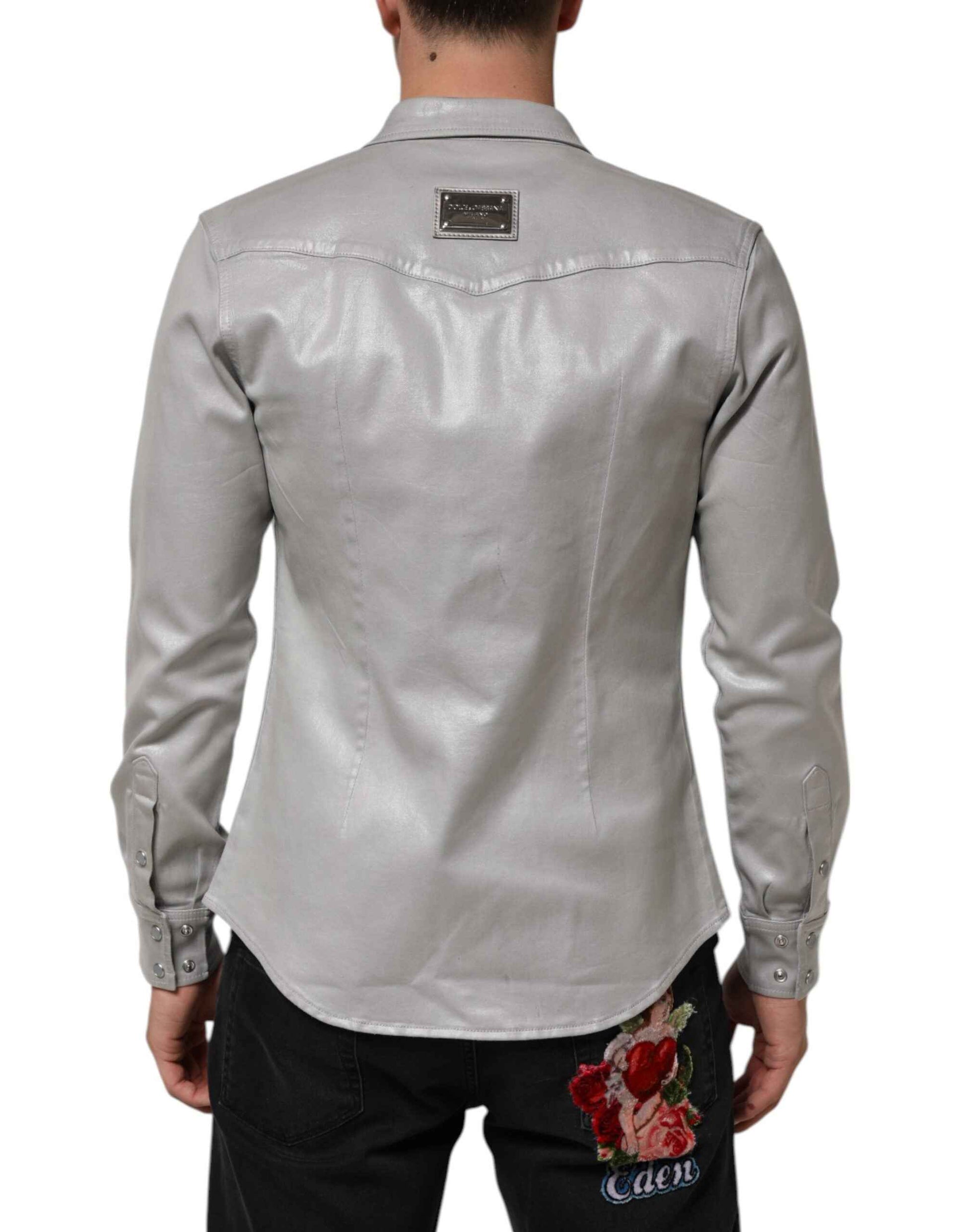 Dolce & Gabbana Gray Coated Cotton Snap Button Logo Men Shirt by Dolce & Gabbana