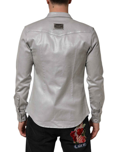 Dolce & Gabbana Gray Coated Cotton Snap Button Logo Men Shirt by Dolce & Gabbana