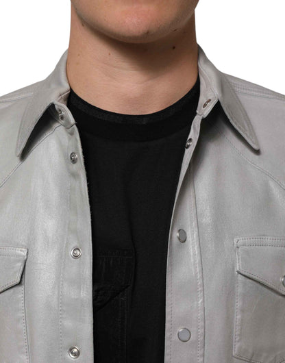 Dolce & Gabbana Gray Coated Cotton Snap Button Logo Men Shirt by Dolce & Gabbana