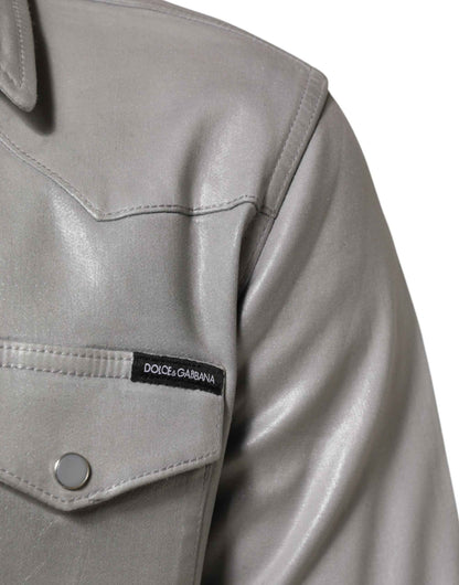 Dolce & Gabbana Gray Coated Cotton Snap Button Logo Men Shirt by Dolce & Gabbana