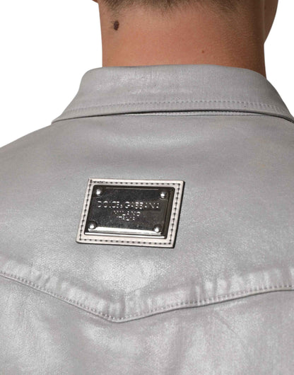 Dolce & Gabbana Gray Coated Cotton Snap Button Logo Men Shirt by Dolce & Gabbana
