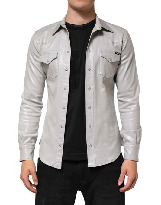 Dolce & Gabbana Metallic Gray Cotton Button Down Men Shirt by Dolce & Gabbana