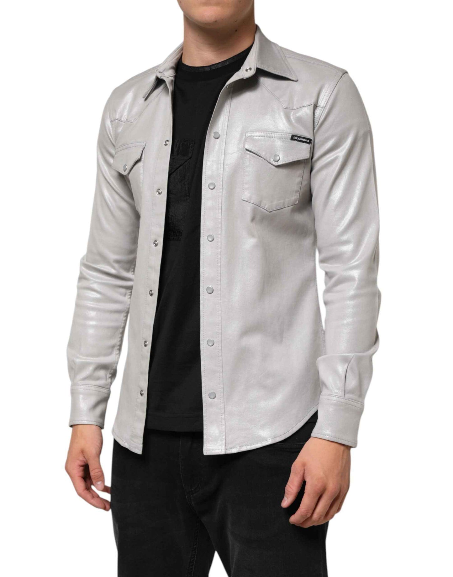 Dolce & Gabbana Metallic Gray Cotton Button Down Men Shirt by Dolce & Gabbana