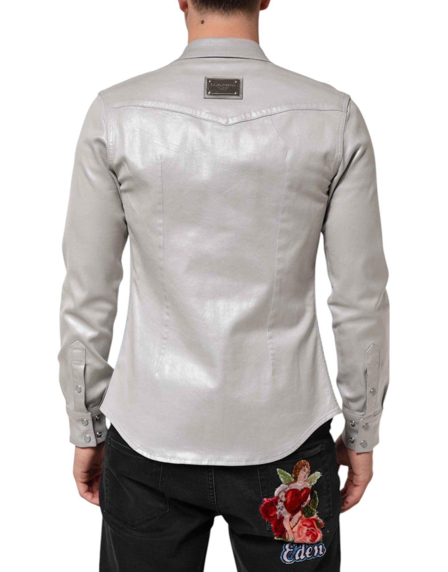 Dolce & Gabbana Metallic Gray Cotton Button Down Men Shirt by Dolce & Gabbana