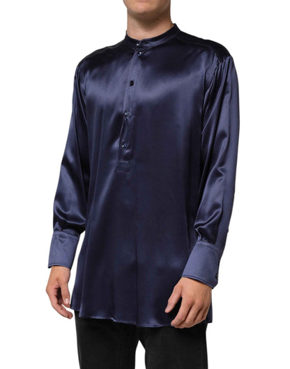 Dolce & Gabbana Navy Silk Long Sleeve Mandarin Collar Shirt by Dolce & Gabbana