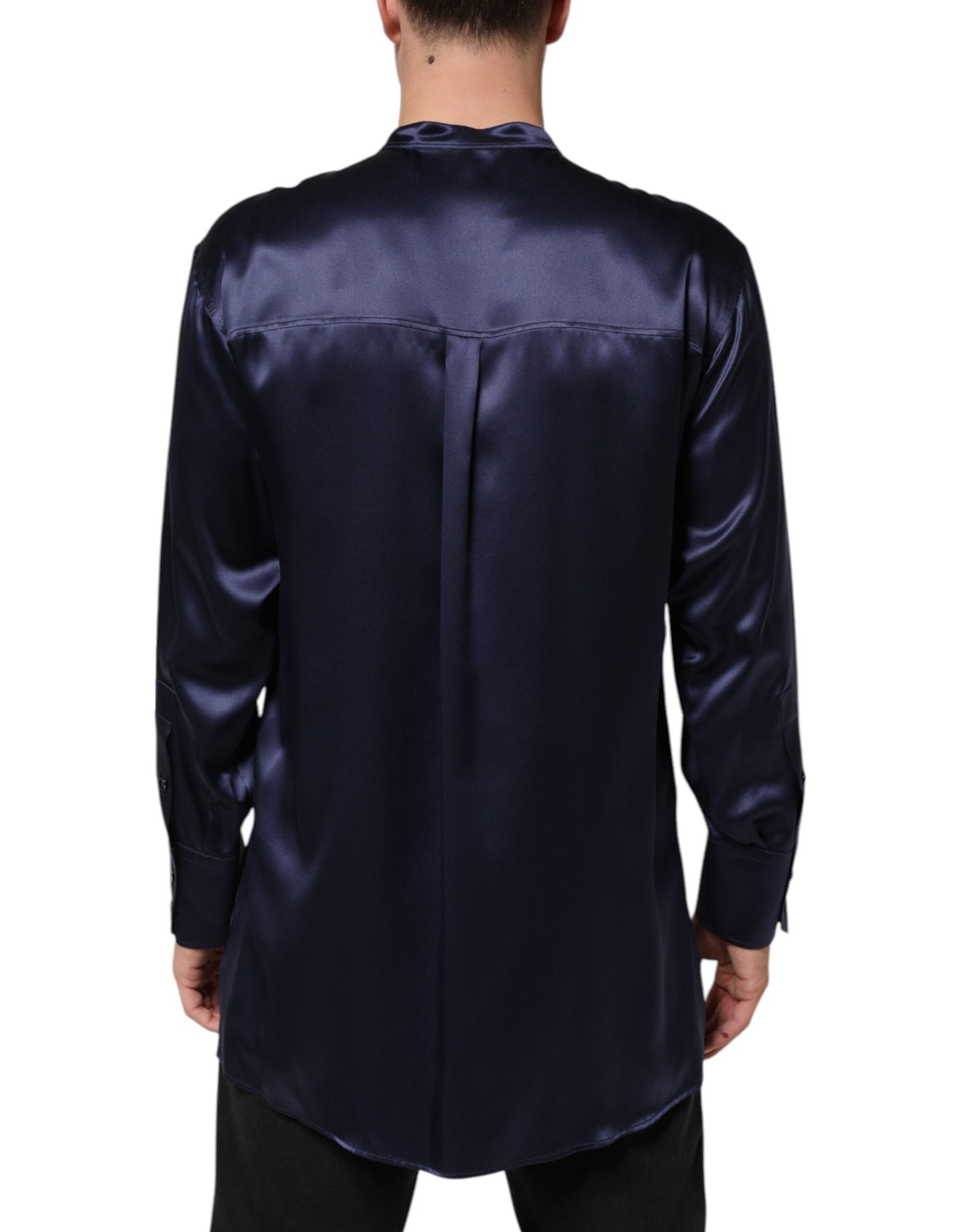 Dolce & Gabbana Navy Silk Long Sleeve Mandarin Collar Shirt - from Dolce & Gabbana