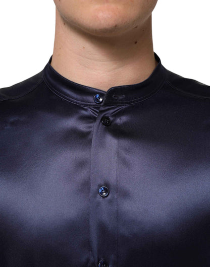 Dolce & Gabbana Navy Silk Long Sleeve Mandarin Collar Shirt by Dolce & Gabbana