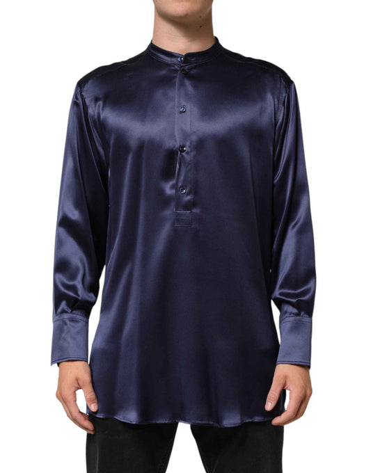 Dolce & Gabbana Navy Silk Long Sleeve Mandarin Collar Shirt by Dolce & Gabbana