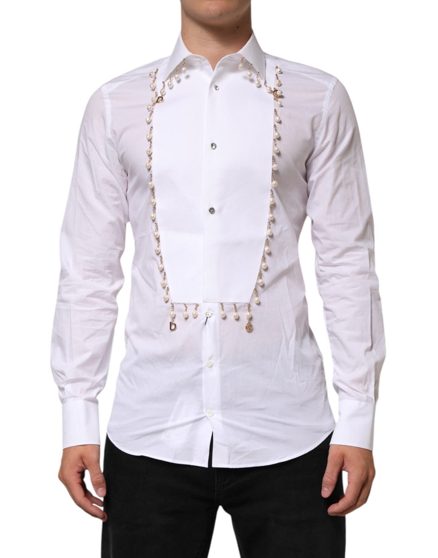 Dolce & Gabbana White Cotton DG Logo Pearl Chain Formal Shirt - from Dolce & Gabbana