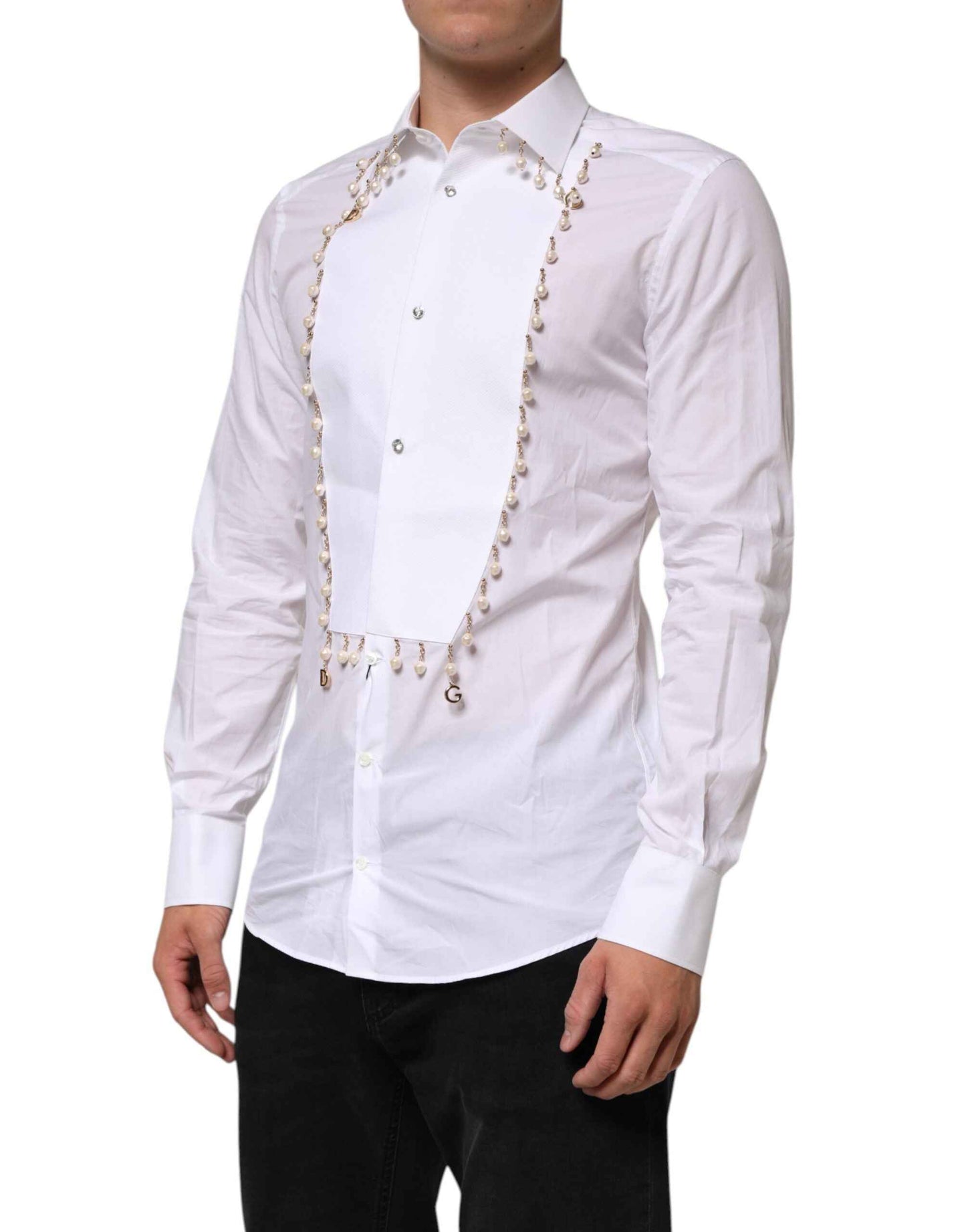 Dolce & Gabbana White Cotton DG Logo Pearl Chain Formal Shirt by Dolce & Gabbana