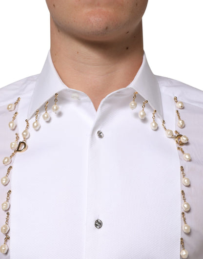 Dolce & Gabbana White Cotton DG Logo Pearl Chain Formal Shirt - from Dolce & Gabbana