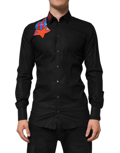 Dolce & Gabbana Black Cotton Star Sequin Dress Formal Men Shirt by Dolce & Gabbana