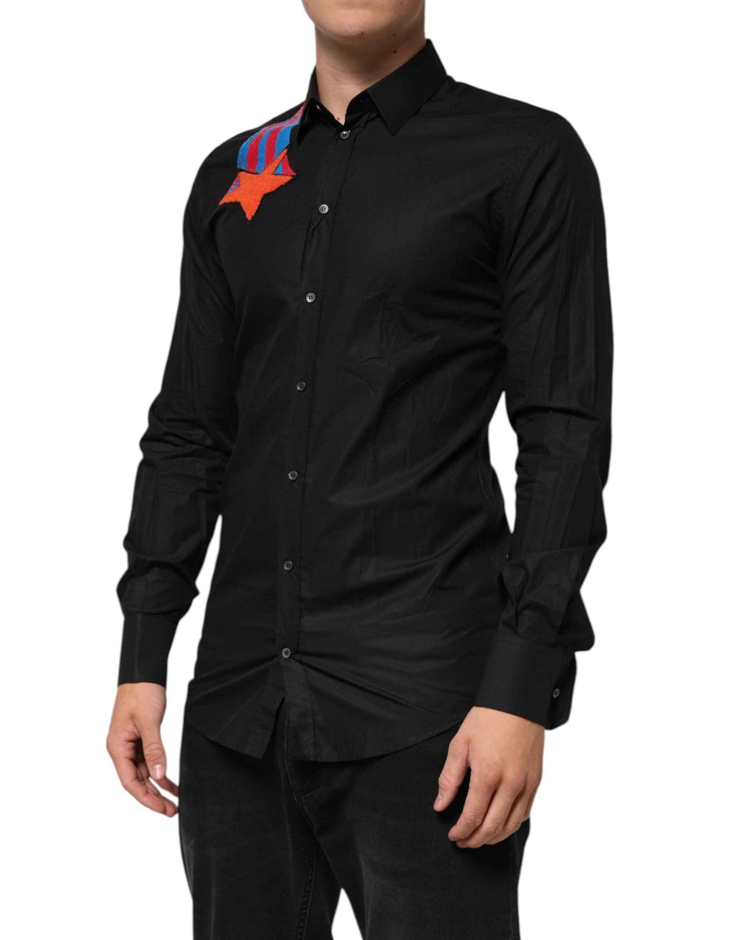 Dolce & Gabbana Black Cotton Star Sequin Dress Formal Men Shirt by Dolce & Gabbana