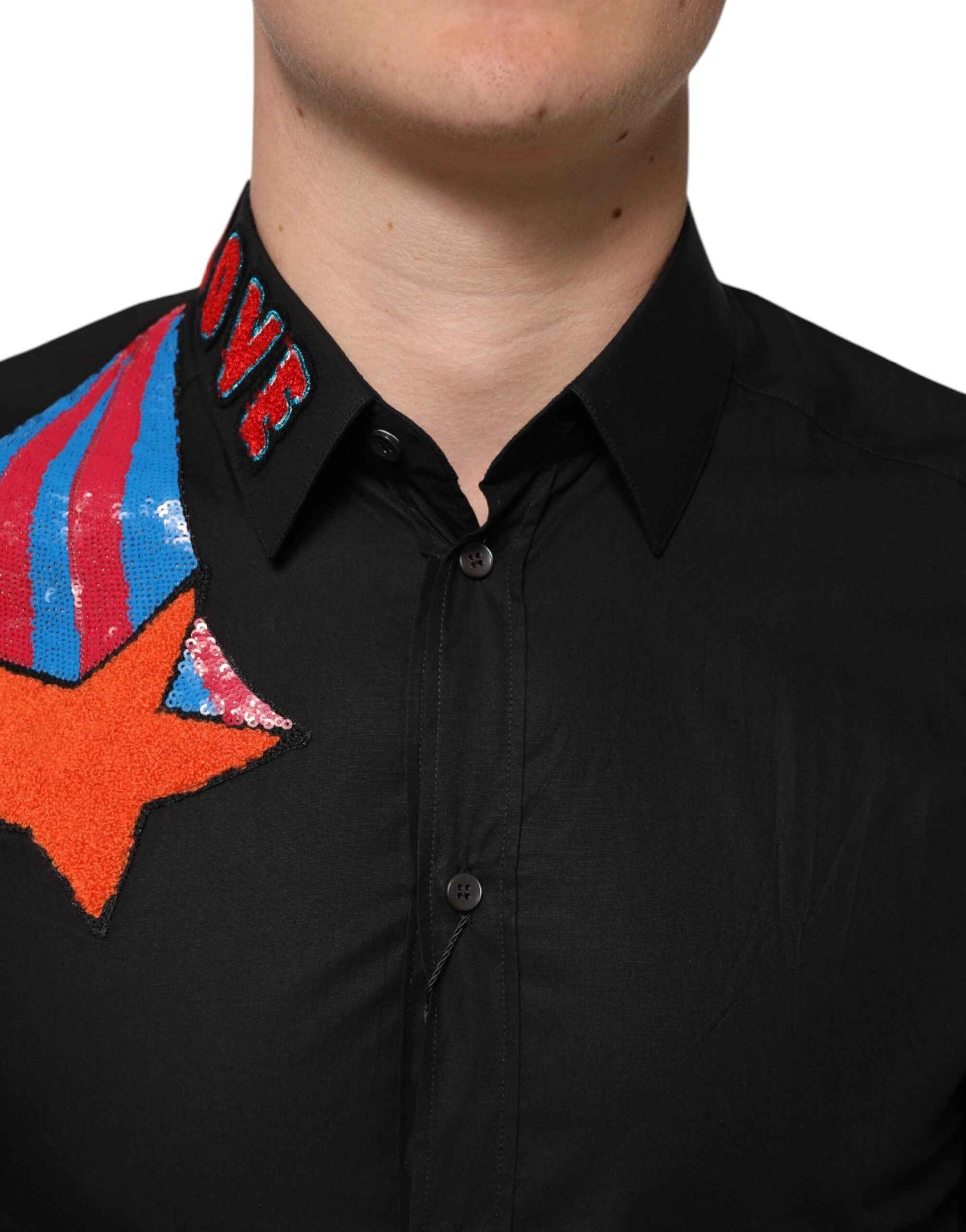 Dolce & Gabbana Black Cotton Star Sequin Dress Formal Men Shirt by Dolce & Gabbana