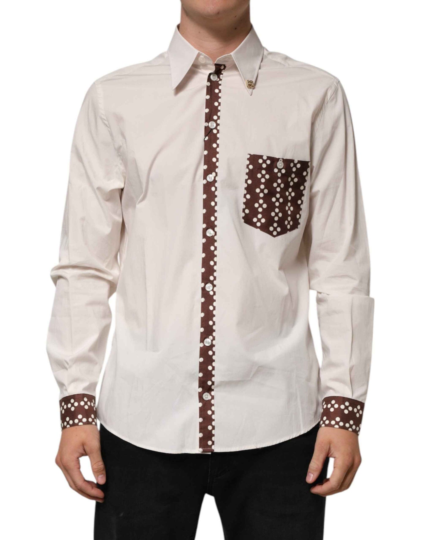 Dolce & Gabbana Cream White Cotton Polka Dot Slim Fit Shirt by Dolce & Gabbana